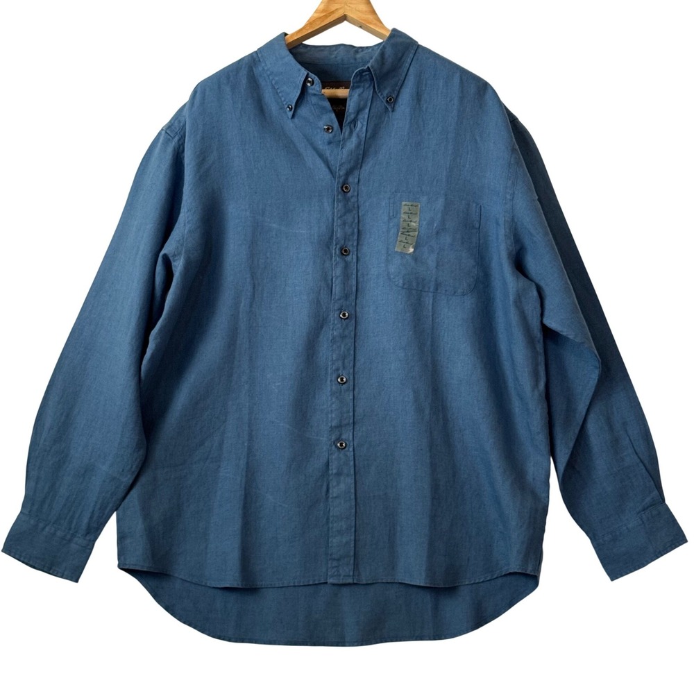 Vtg Eddie Bauer Men's Blue 100% Linen Long Sleeve Button Down Shirt Large NWT